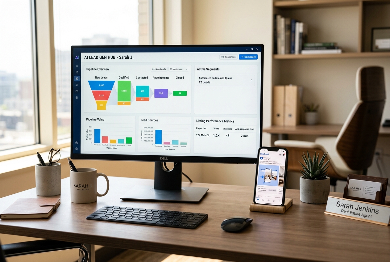 AI real estate lead generation dashboard on monitor showing pipeline metrics and automated follow-up tools for 2026 tactics
