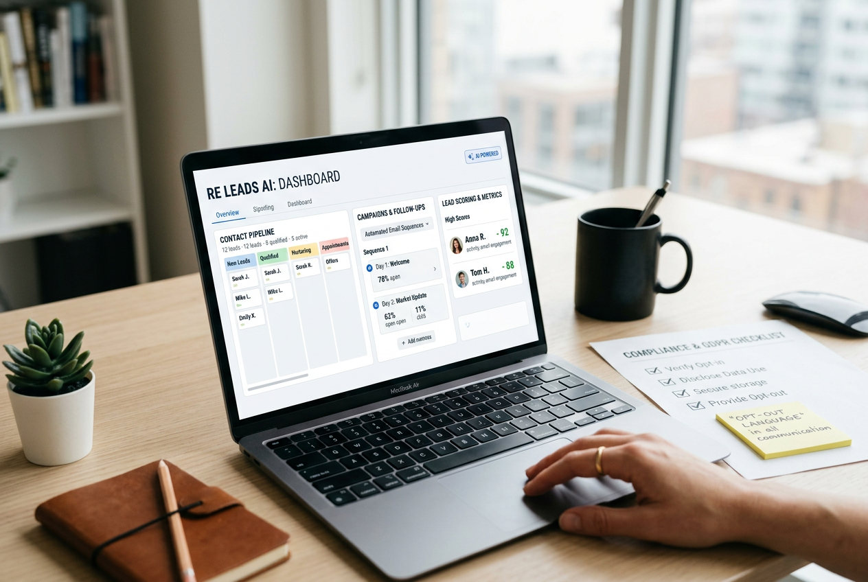 Laptop showing AI Real Estate Lead Generation: Tools and Tactics for 2026 dashboard with pipeline metrics and compliance notes on desk.