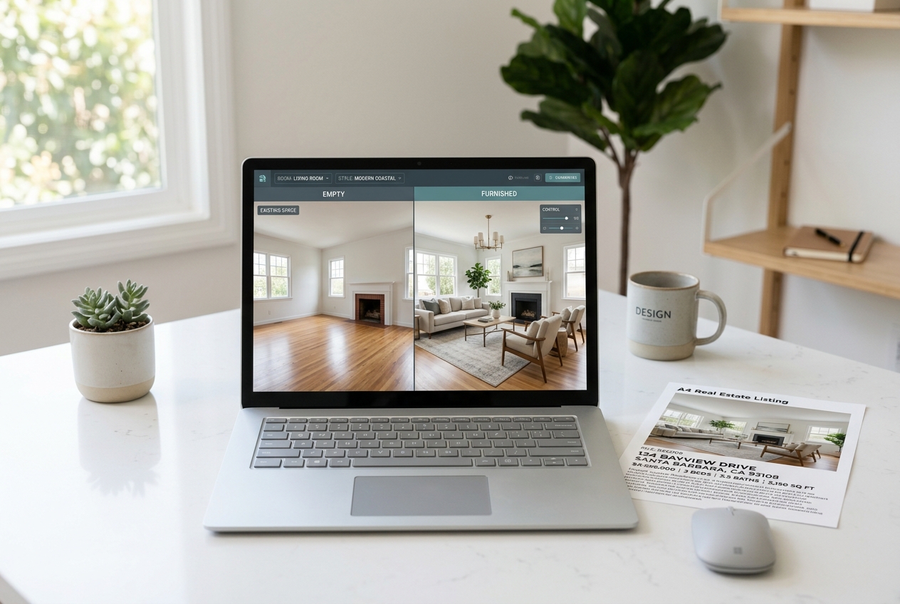Laptop showing AI room design software split-screen — supporting the Best AI Room Design Tools in 2026, Ranked guide