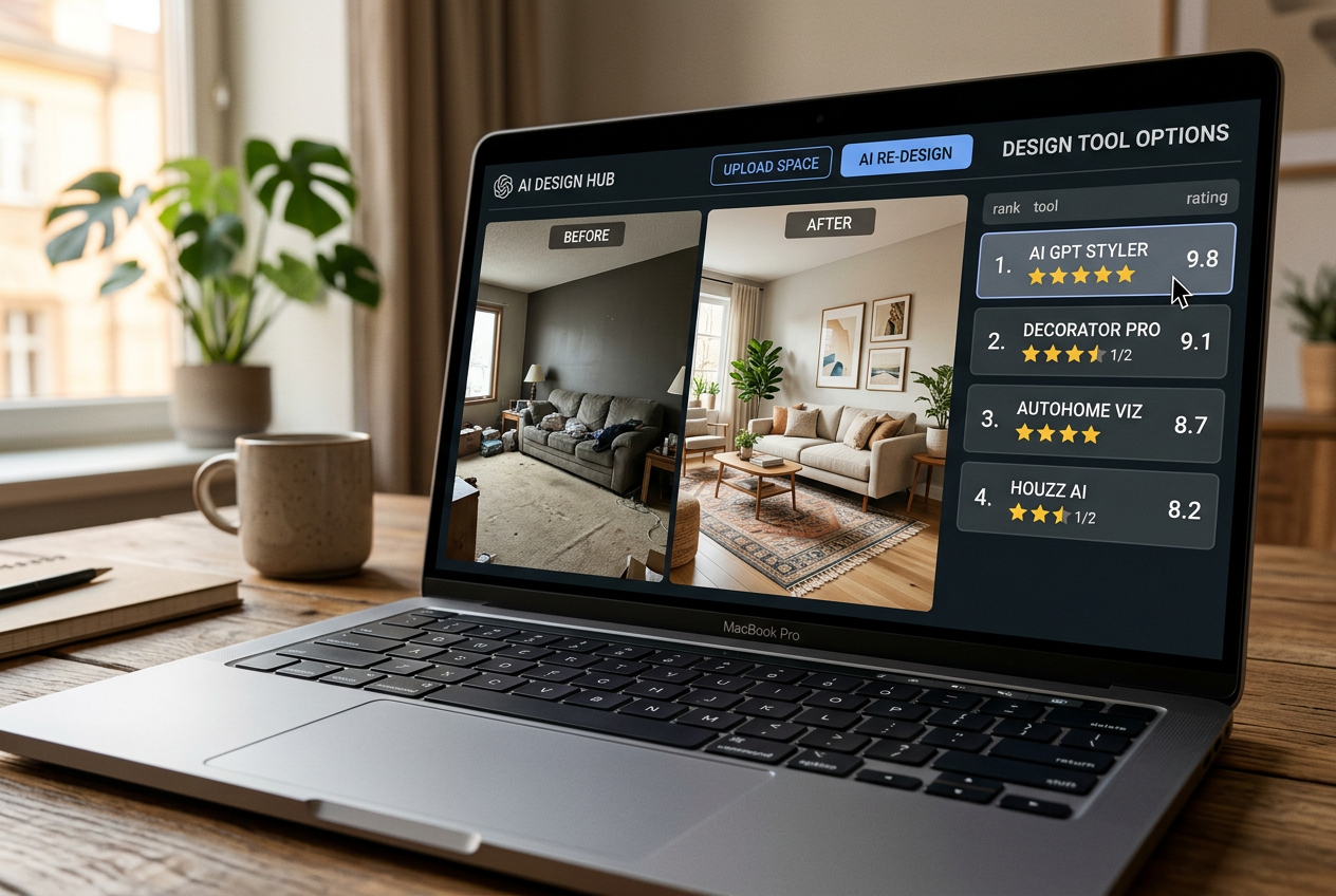 Laptop screen showing an AI room design interface — Best AI Room Design Tools in 2026, Ranked for real estate agents.