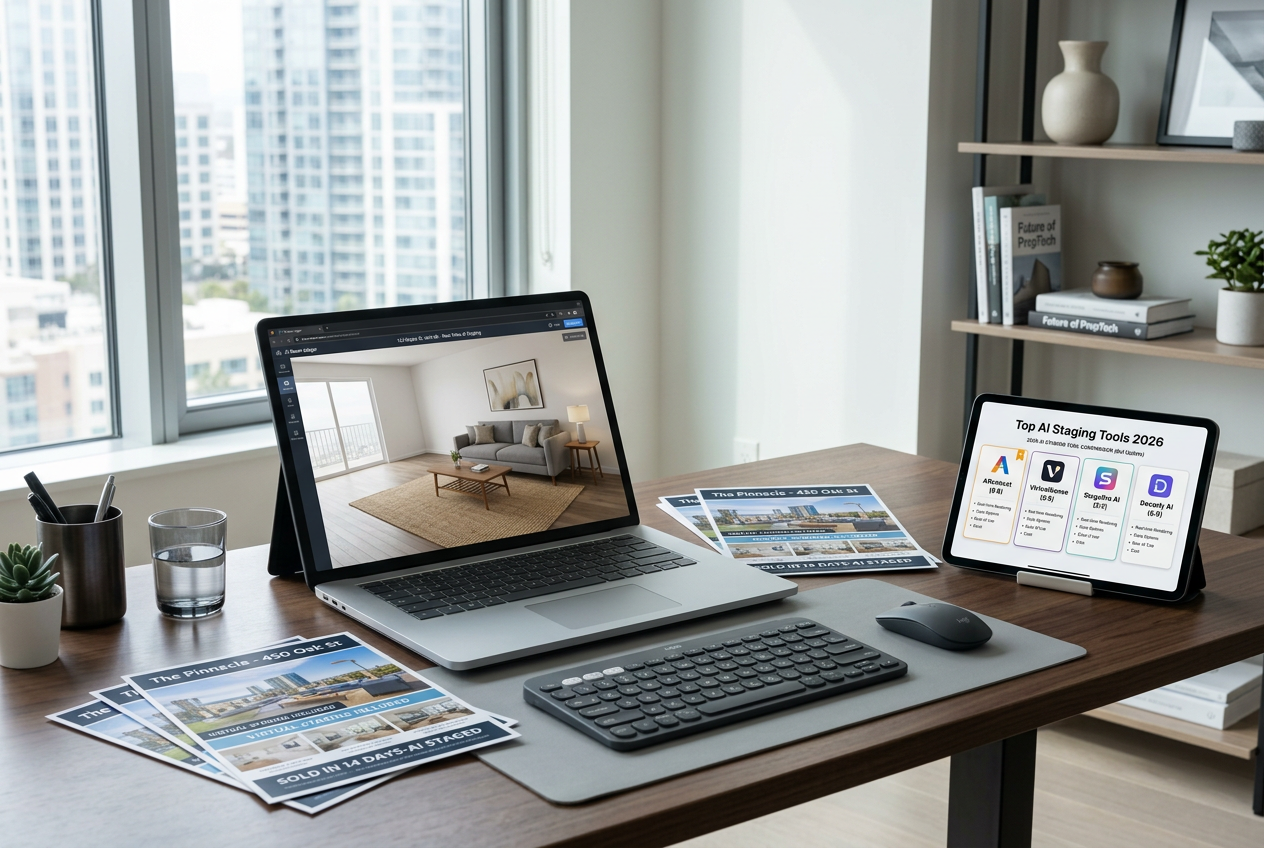 Laptop showing AI virtual staging software on a real estate desk — Best AI Room Design Tools in 2026, Ranked by use case