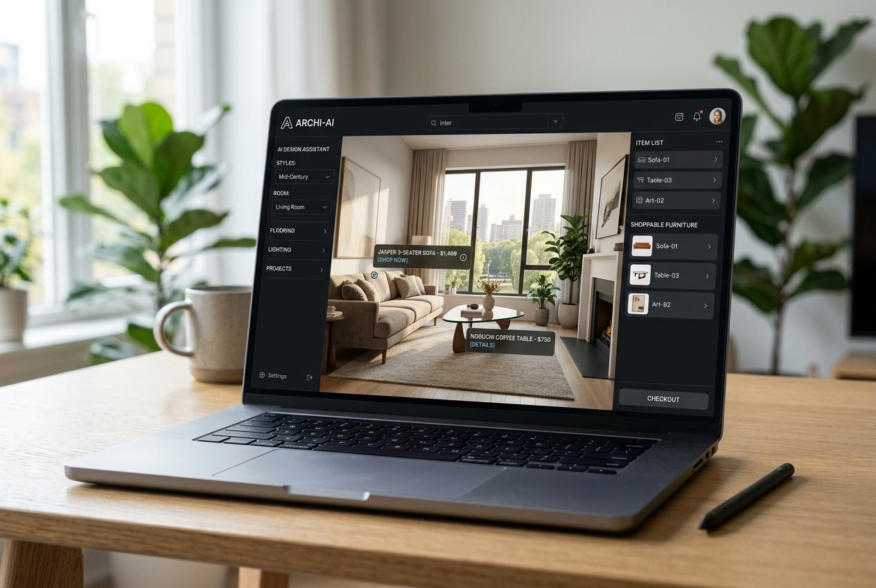 Laptop screen showing Best AI Room Design Tools in 2026, Ranked with shoppable furniture tags on a rendered living room.