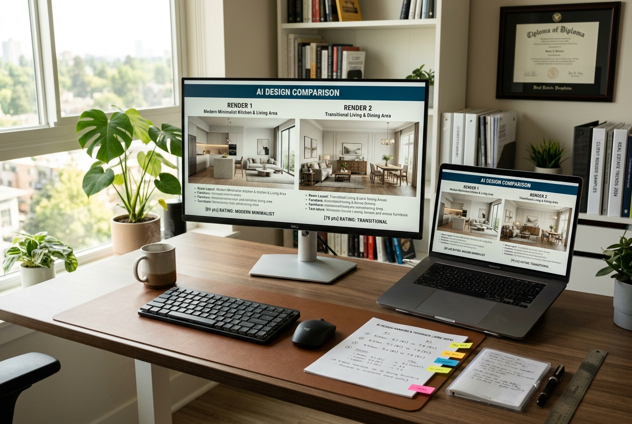 Real estate agent's desk comparing the Best AI Room Design Tools in 2026, Ranked across two screens with render previews.