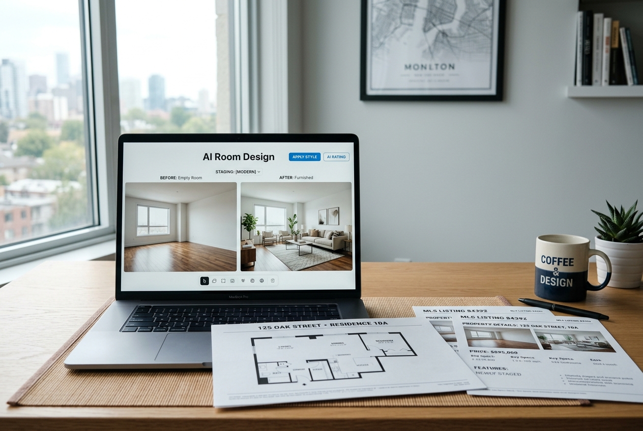 Laptop showing AI interface used by Best AI Room Design Tools in 2026, Ranked alongside floor plans and listing sheets.