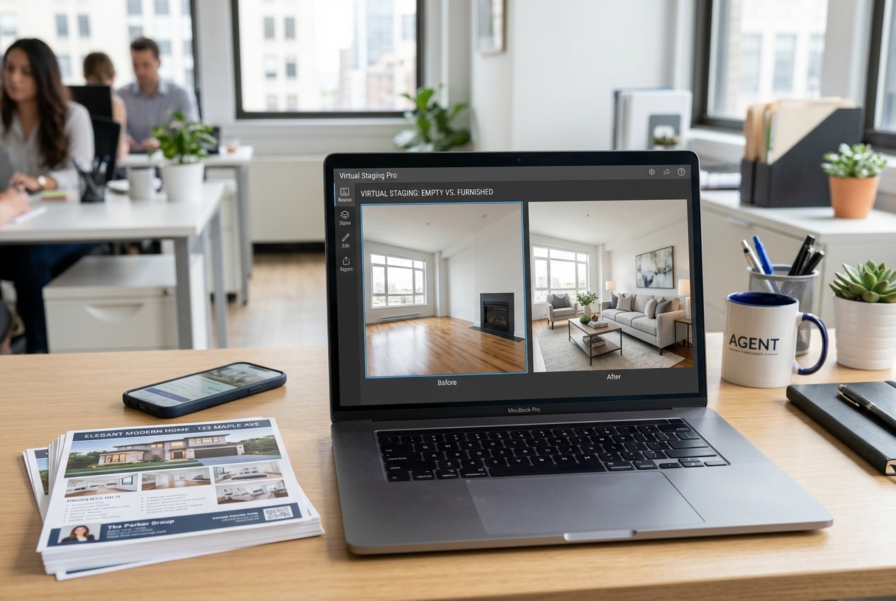 Laptop showing best virtual staging software for real estate agents (2026) with before-and-after room comparison on screen.