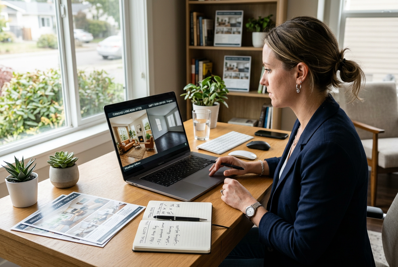 Real estate agent comparing the best virtual staging software for real estate agents (2026) during a trial test on laptop