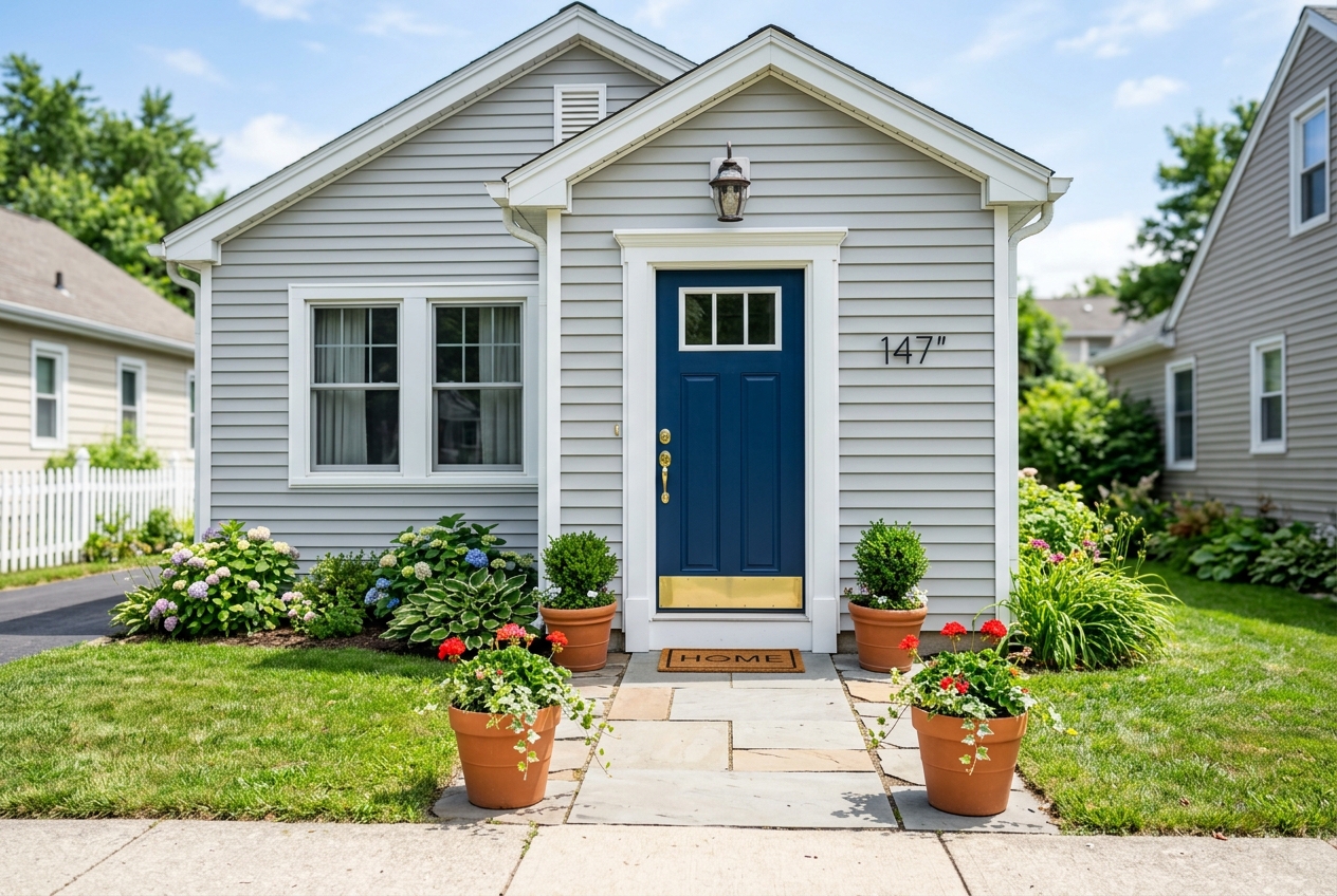 Front door with contrasting color, planter, and clean mat — curb appeal on a budget upgrades that raise offers