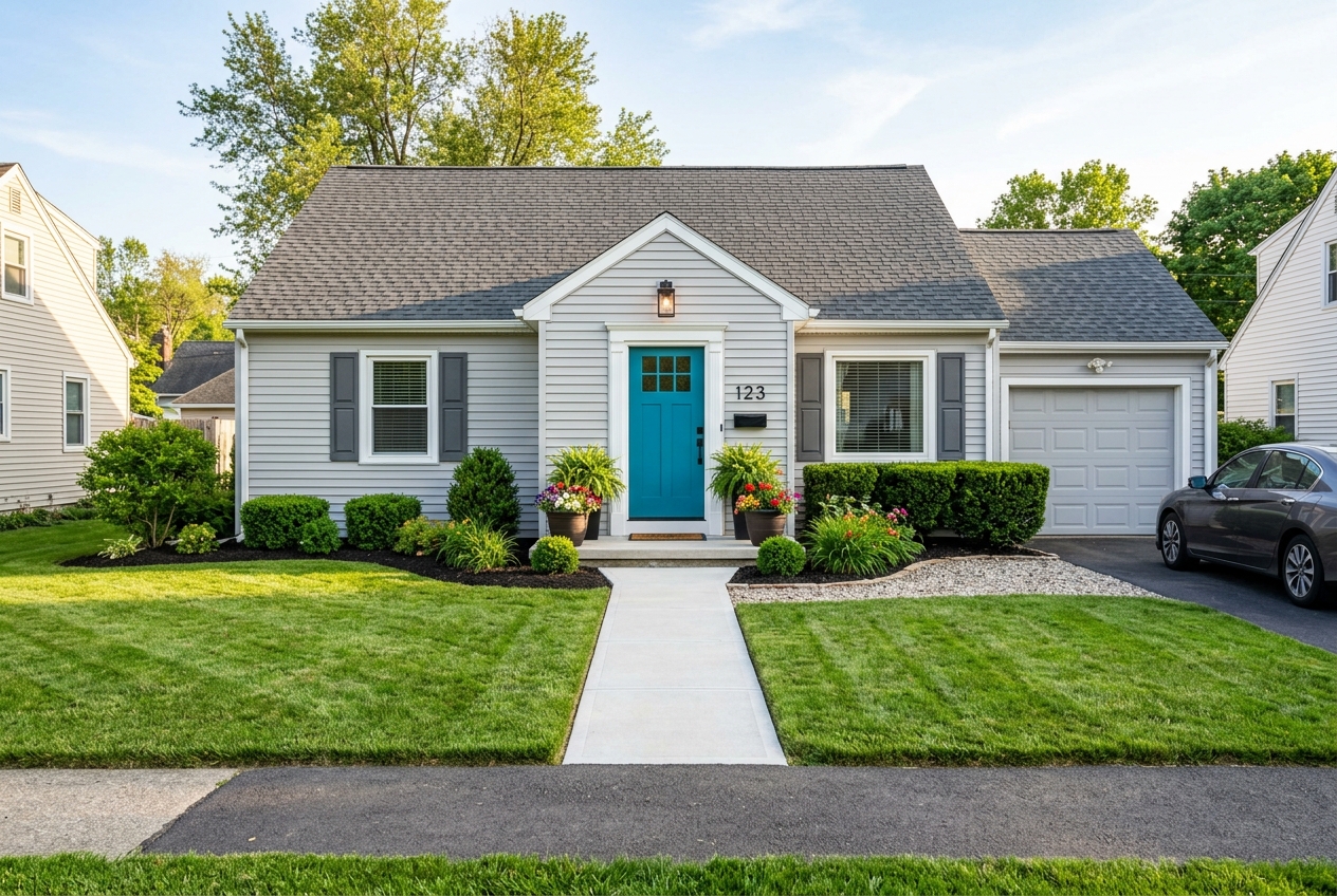 Modest home with budget curb appeal upgrades including fresh door paint, entry lighting, and tidy landscaping to raise offers.