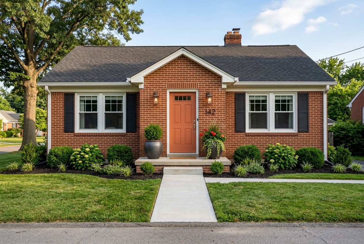 Modest home exterior with budget curb appeal upgrades including fresh door paint, new light fixture, and tidy landscaping