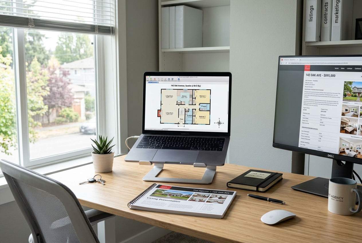 Laptop screen showing the Best Floor Plan Software for Real Estate in 2026 with a printed listing package on a clean agent desk.