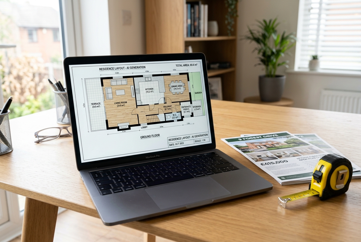 Laptop displaying a labeled AI floor plan — AI Floor Plan Generators for Real Estate Listings with metric measurements on screen