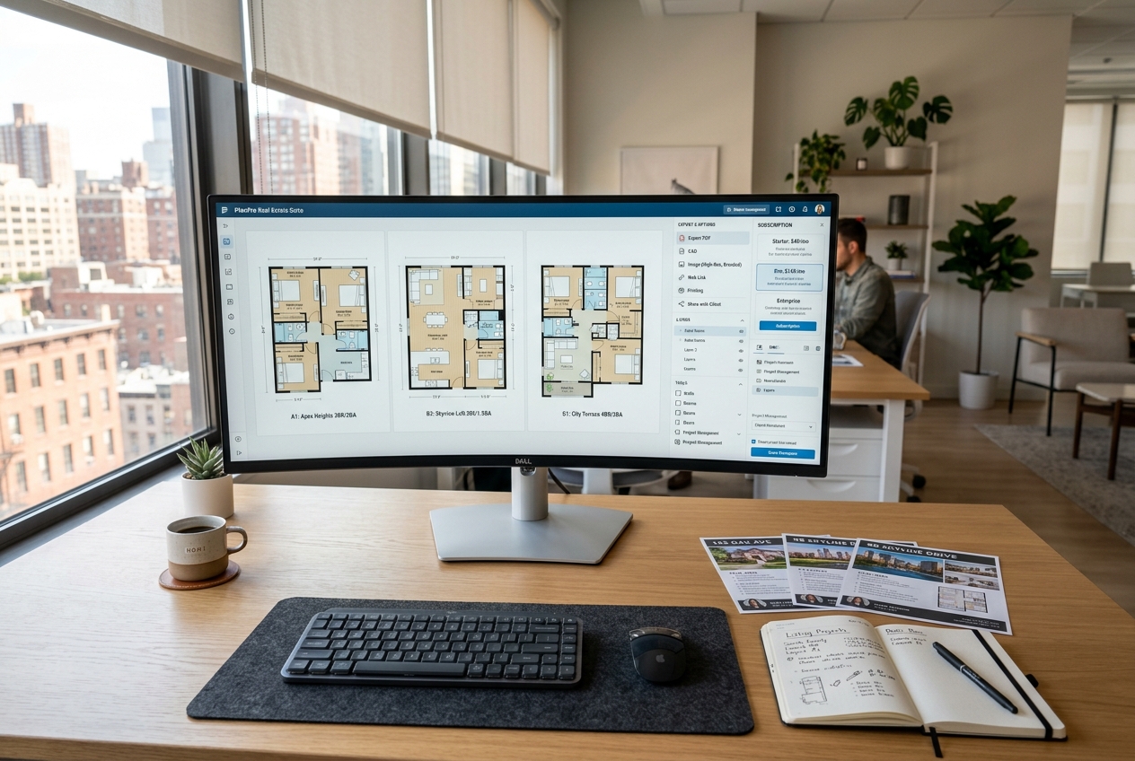 Monitor showing Best Floor Plan Software for Real Estate in 2026 with multiple layouts and export pricing panels on screen.
