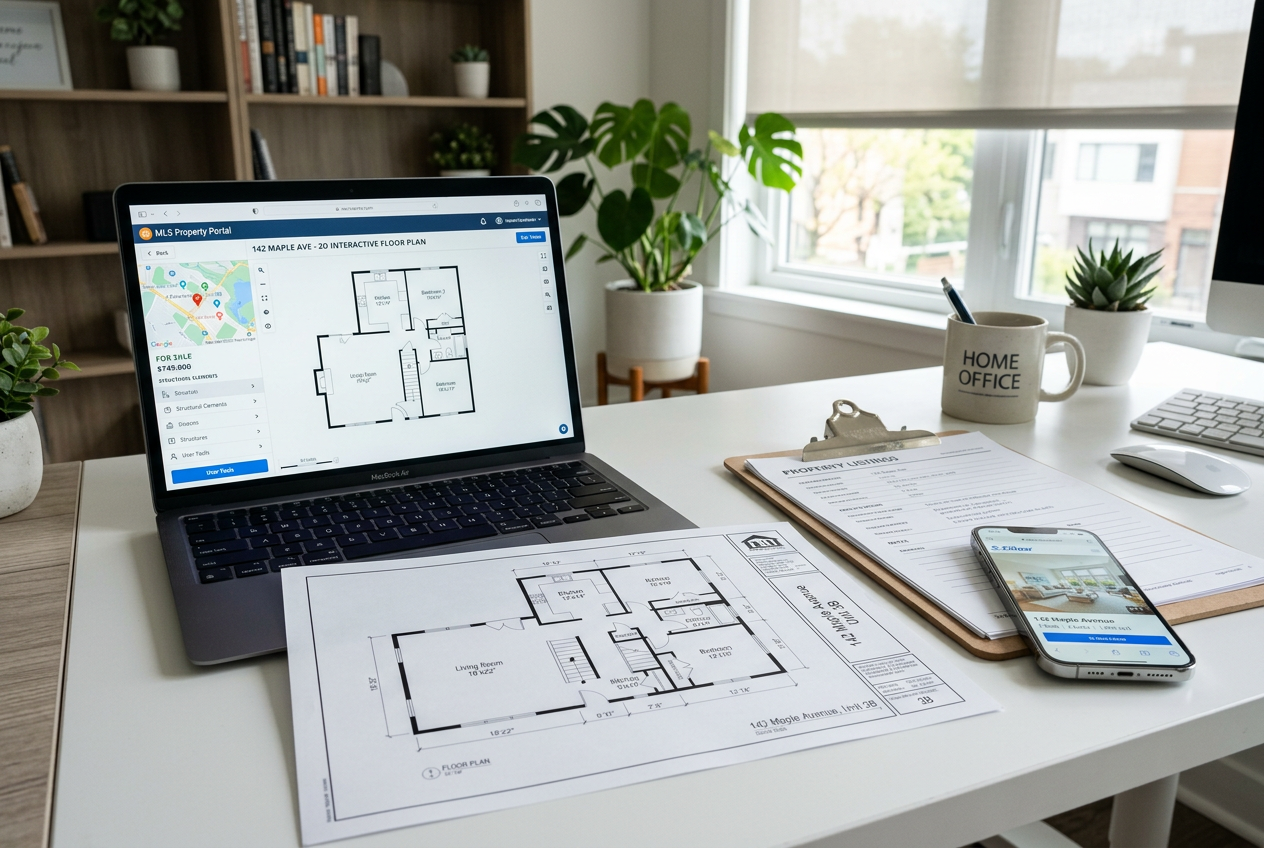 Printed and digital floor plans side by side on a desk, showing AI floor plan generators for real estate listings in use.