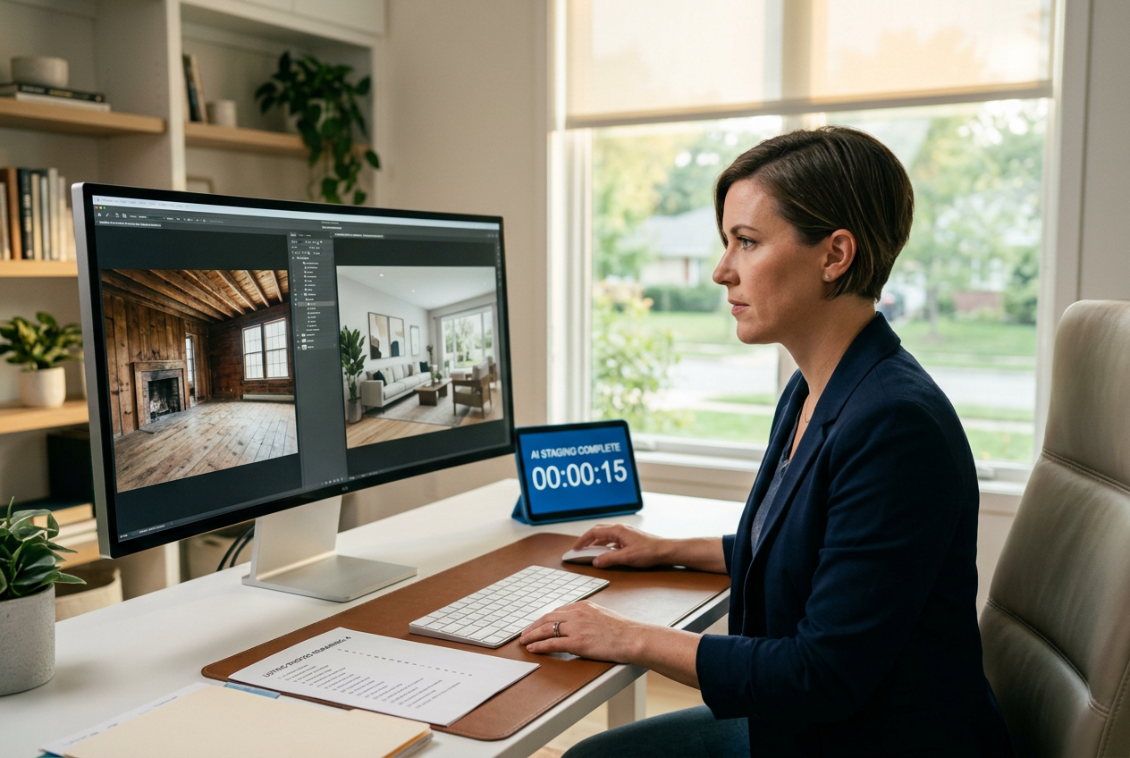 Real estate agent comparing Gepetto vs AI HomeDesign 15-second staging results side by side on a monitor