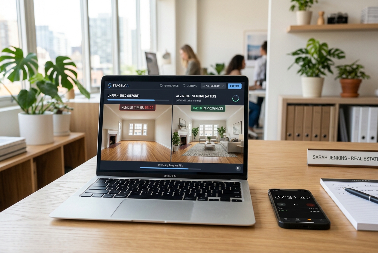 Laptop showing AI staging interface during Gepetto vs AI HomeDesign 15-second staging compared speed test with dual render timers