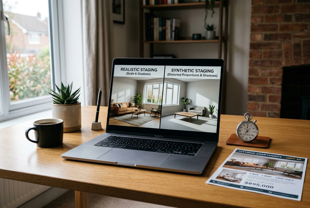 Split-screen AI staging comparison on laptop — Gepetto vs AI HomeDesign: 15-Second Staging Compared for listing realism