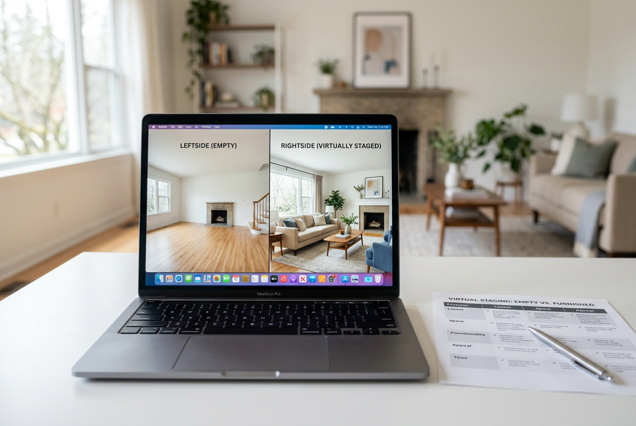 Laptop showing side-by-side virtual staging comparison — Gepetto vs AI HomeDesign: 15-Second Staging Compared on screen