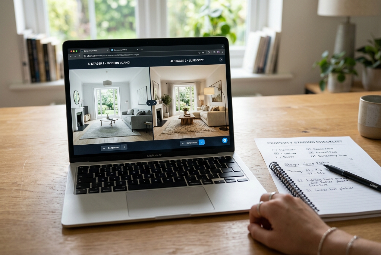 Laptop screen showing Gepetto vs AI HomeDesign 15-second staging compared side by side on a real estate desk workspace