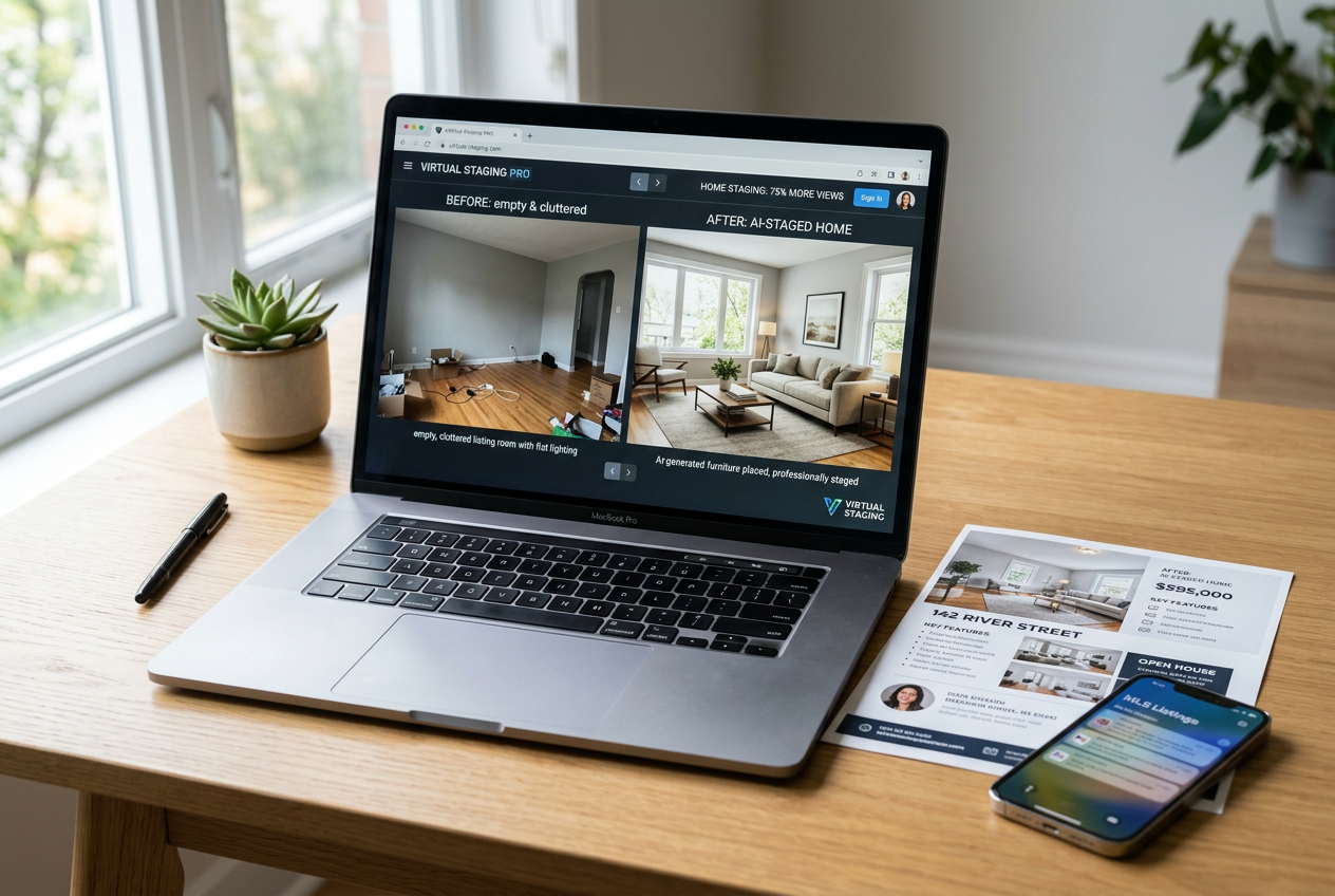 Laptop showing Gepetto vs AI HomeDesign 15-second staging side-by-side comparison for a real estate listing