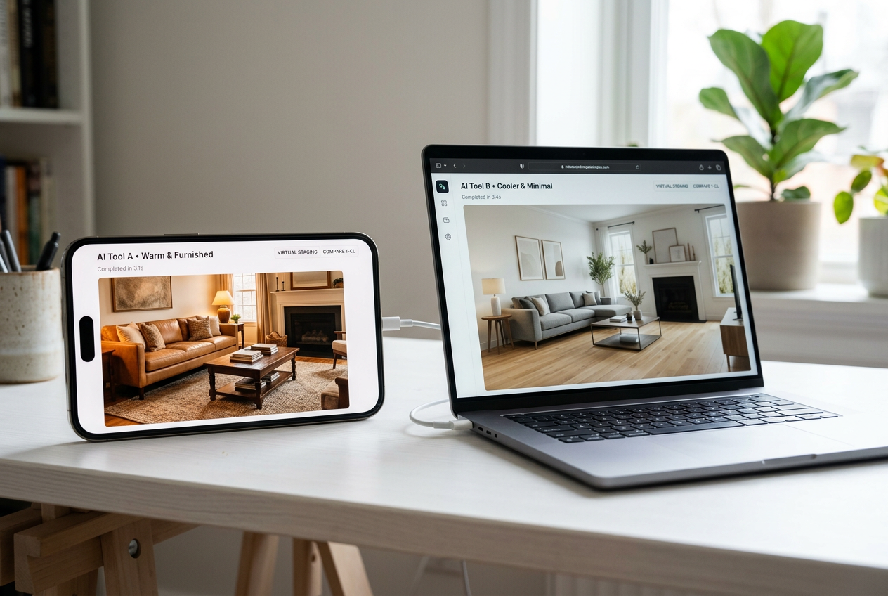 Smartphone and laptop showing Gepetto vs AI HomeDesign 15-second staging compared side by side on a white desk.