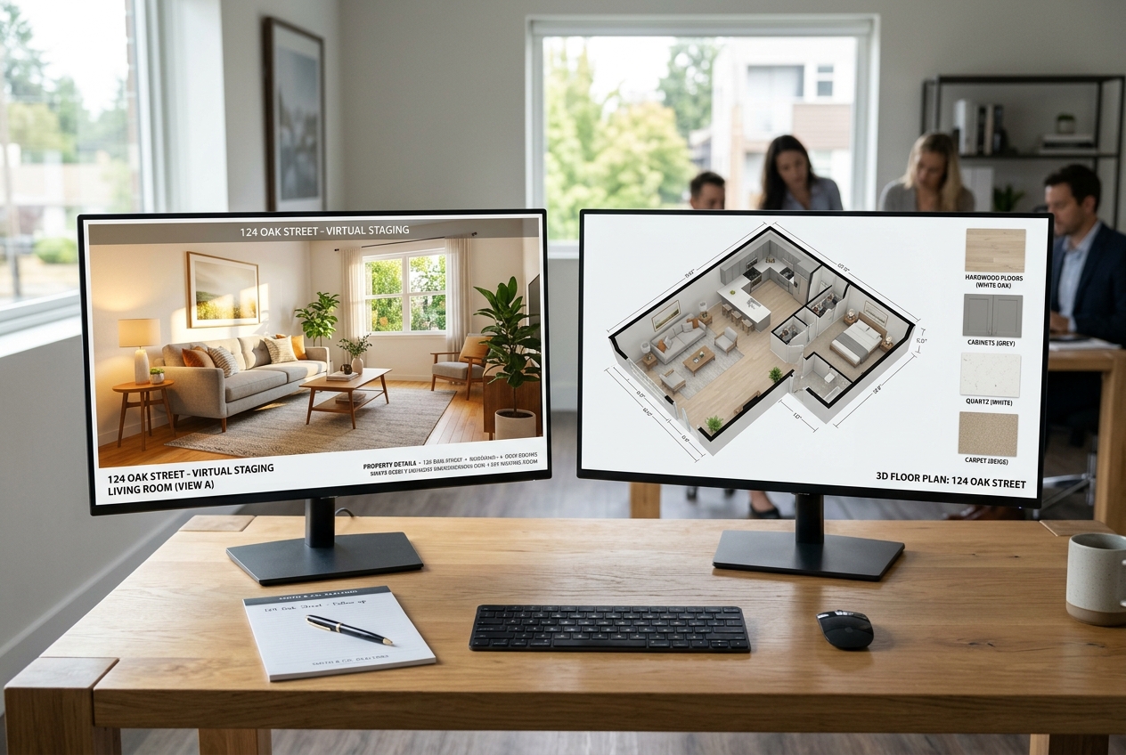 Dual screens comparing virtual staging and 3D floor planning tools — Homestyler vs AI HomeDesign: Staging & Design Compared