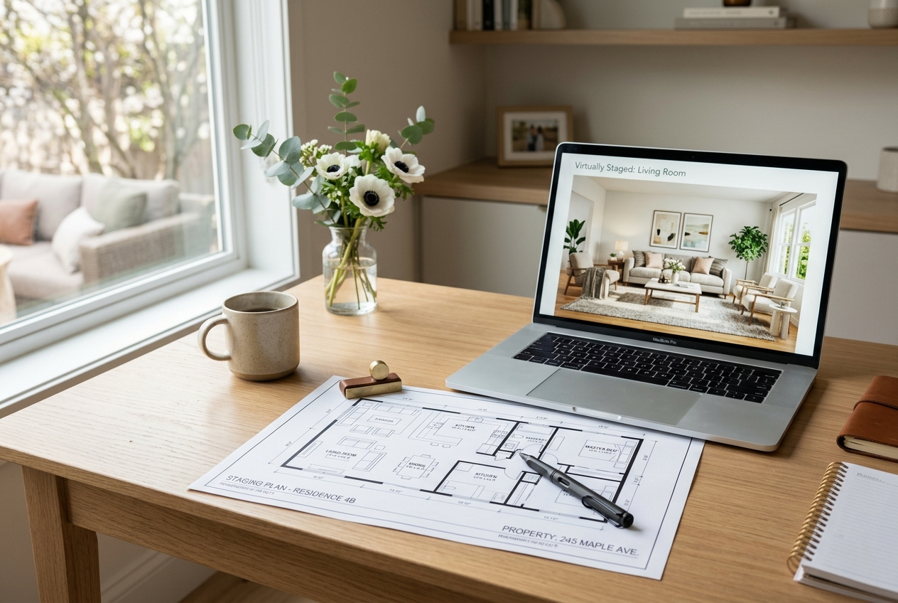 Desk with laptop showing staged room and printed floor plan illustrating Homestyler vs AI HomeDesign: Staging & Design Compared