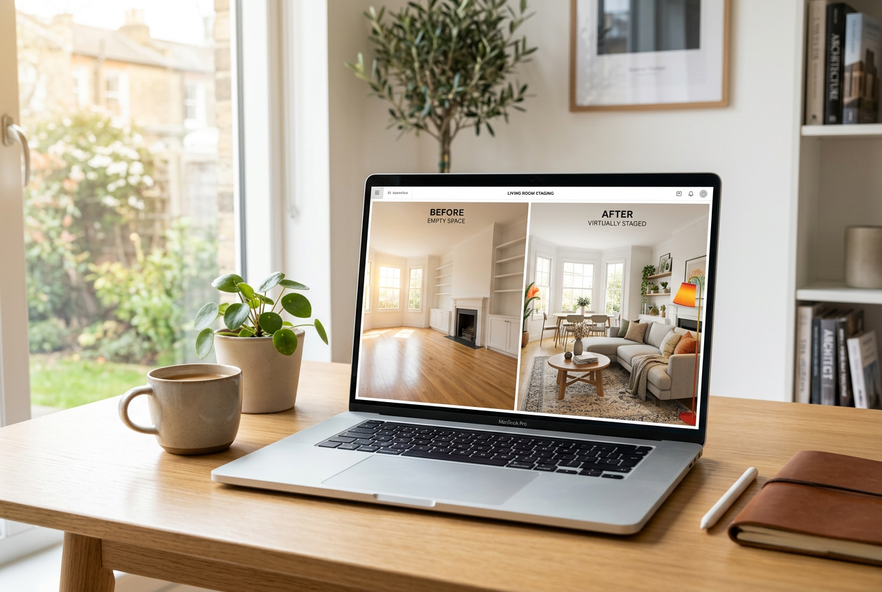 Laptop showing Homestyler vs AI HomeDesign staging comparison with two furnished room versions side by side