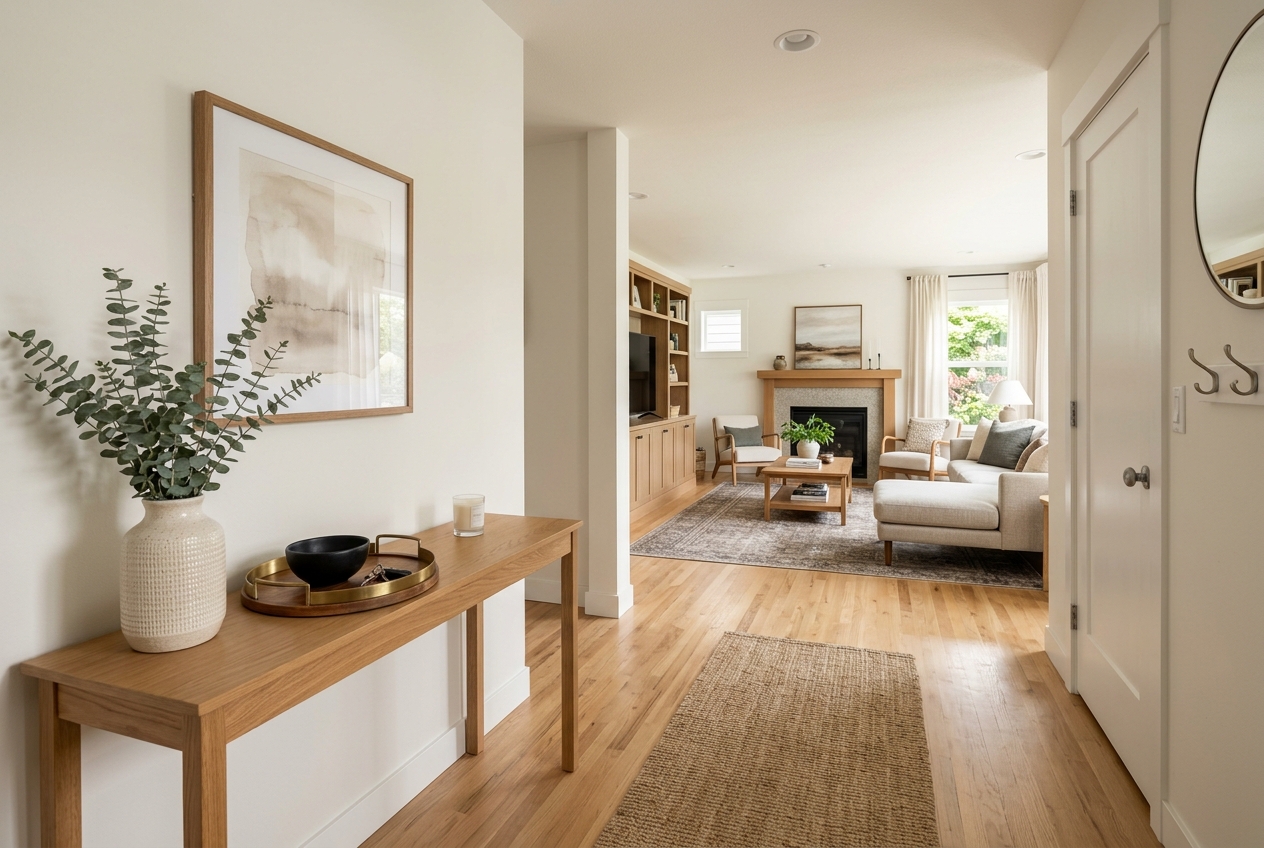 Staged home entryway and living room with clear circulation path — House Styling for Listings: A Room-by-Room Staging Playbook