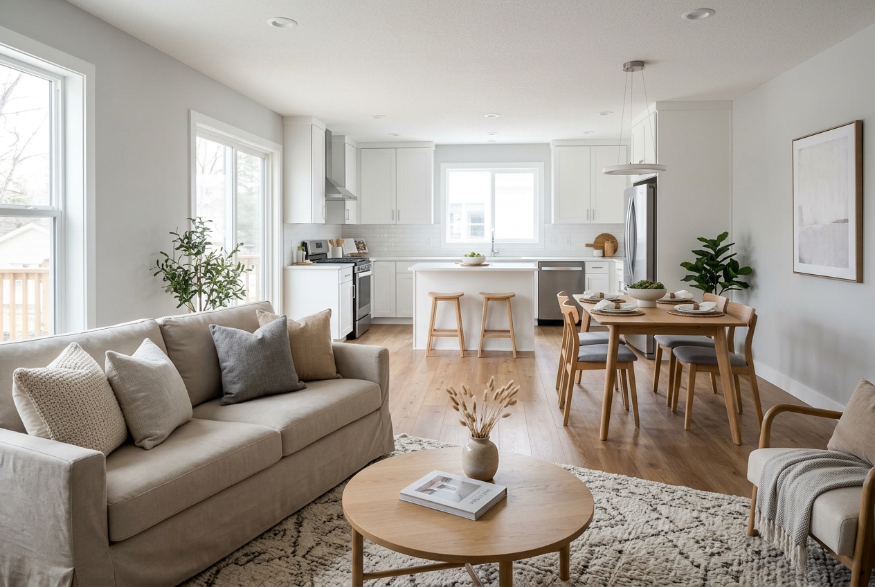 House Styling for Listings: A Room-by-Room Staging Playbook — open-plan living, dining, and kitchen staged for sale