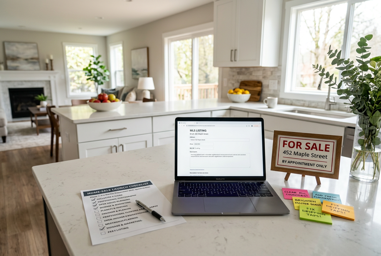Pre-launch checklist and MLS draft on a counter — How to Sell a House Fast: 12 Tactics That Speed Up a Sale