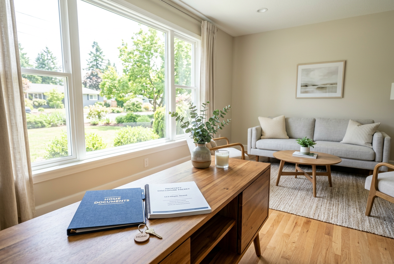 Organized home sale documents on a console table in a clean staged living room — How to Sell a House Fast: 12 Tactics That Speed Up a Sale