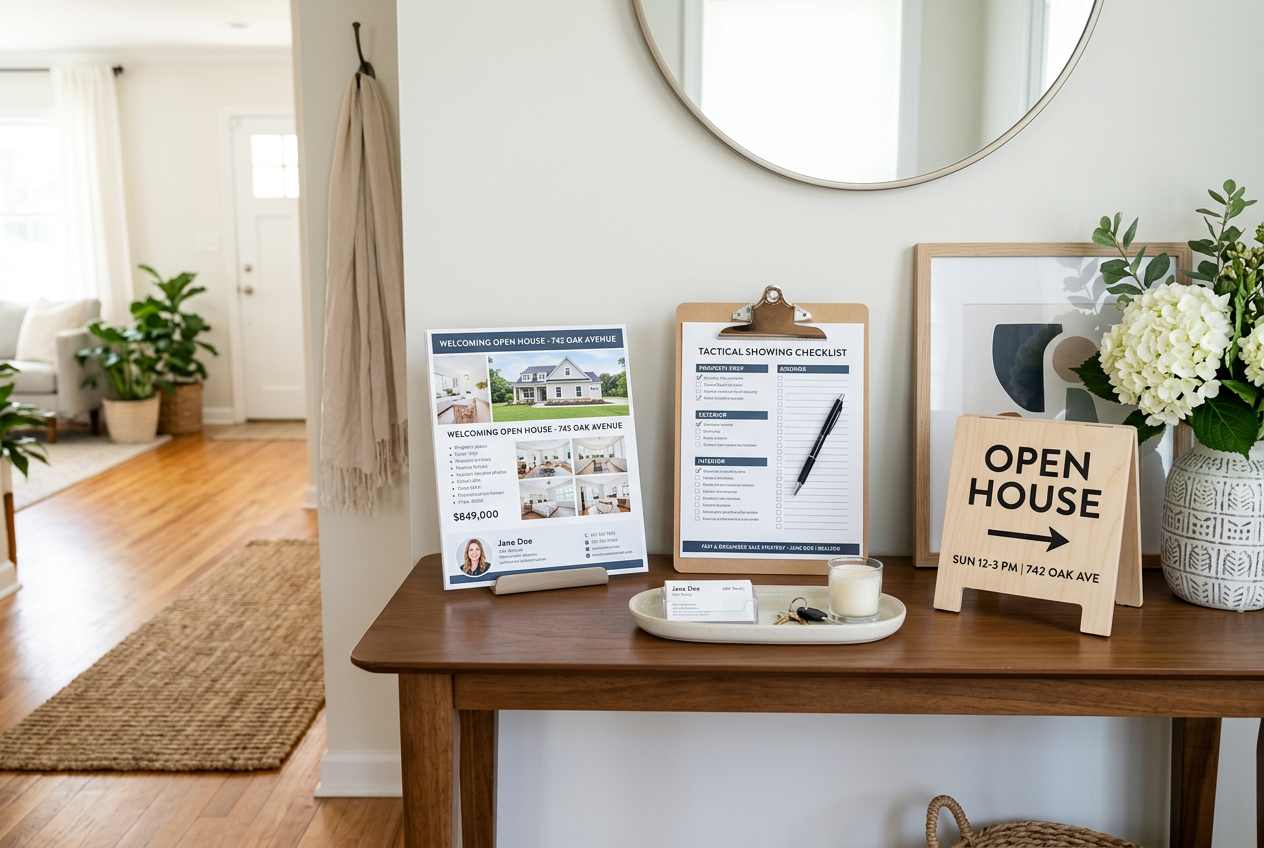 How to Sell a House Fast: 12 Tactics That Speed Up a Sale — open house materials on an entryway table