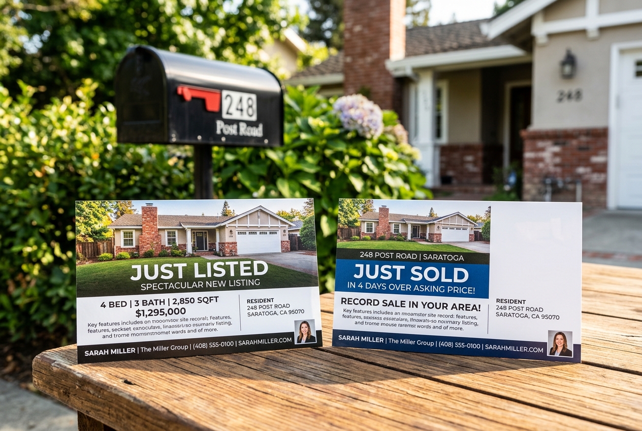 Just Listed and Just Sold postcards resting near a residential mailbox, showing how real estate agents use direct mail in 2026