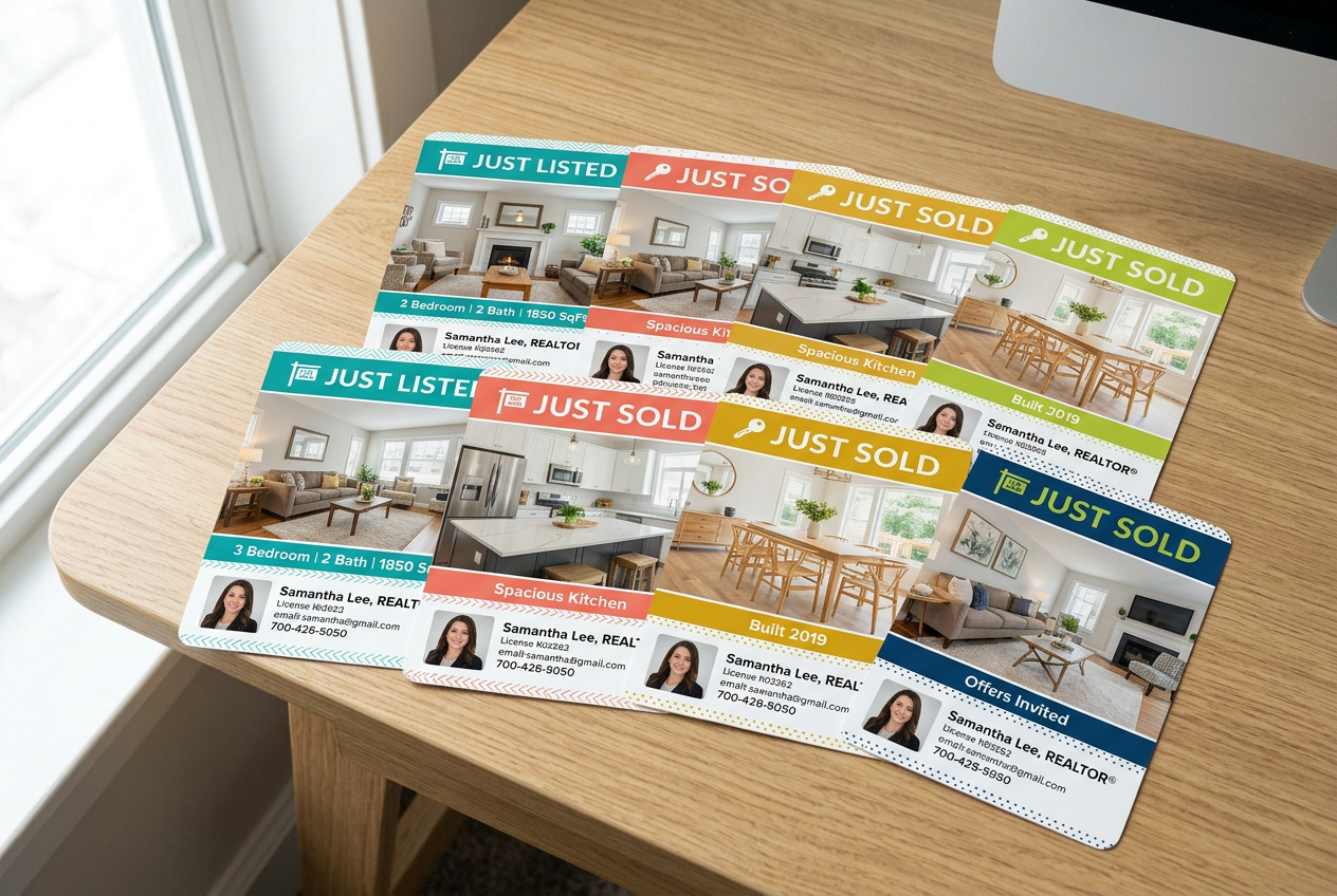Printed just listed and just sold postcards for real estate agents spread on a desk showing bright interior home photos