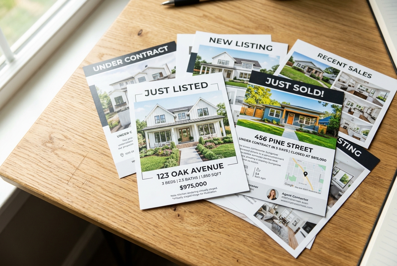 Printed Just Listed and Just Sold Postcards for real estate agents displayed on a desk with disclosure text visible.