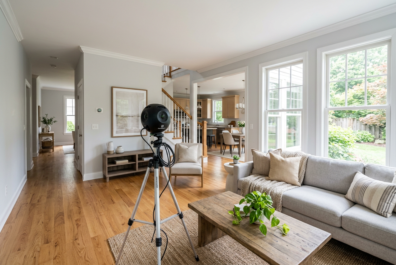 Matterport 3D Tours setup with camera on tripod in a furnished home living room ready for virtual tour capture