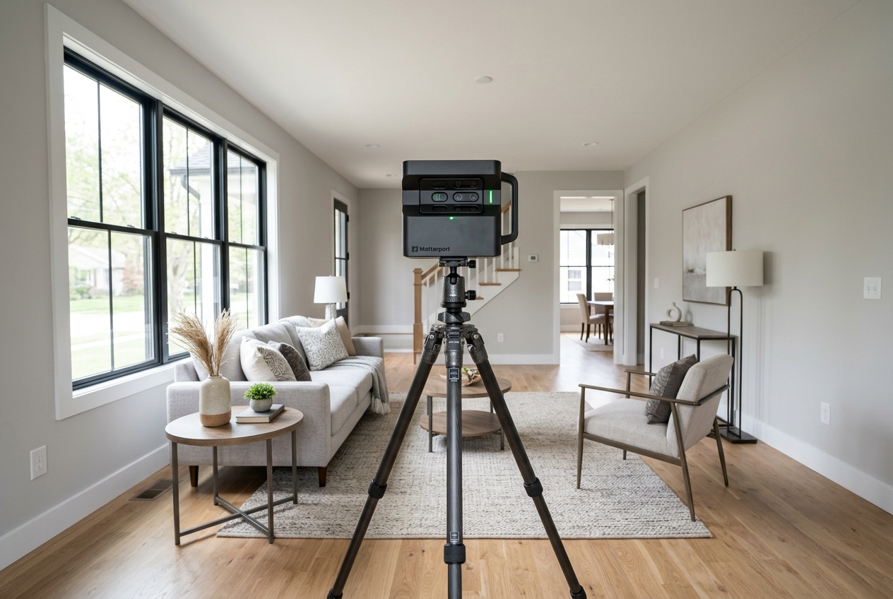 Matterport 3D Tours setup with camera on tripod inside a staged residential living room ready for scanning