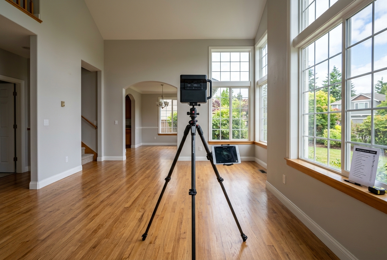 Matterport 3D Tours setup with camera on tripod in vacant living room for real estate listing media