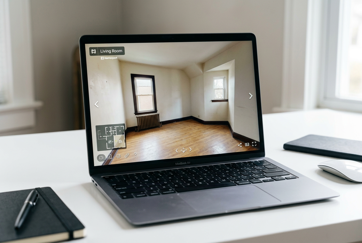 Laptop screen showing a Matterport 3D Tours empty living room scan with no furniture, highlighting staging limitations