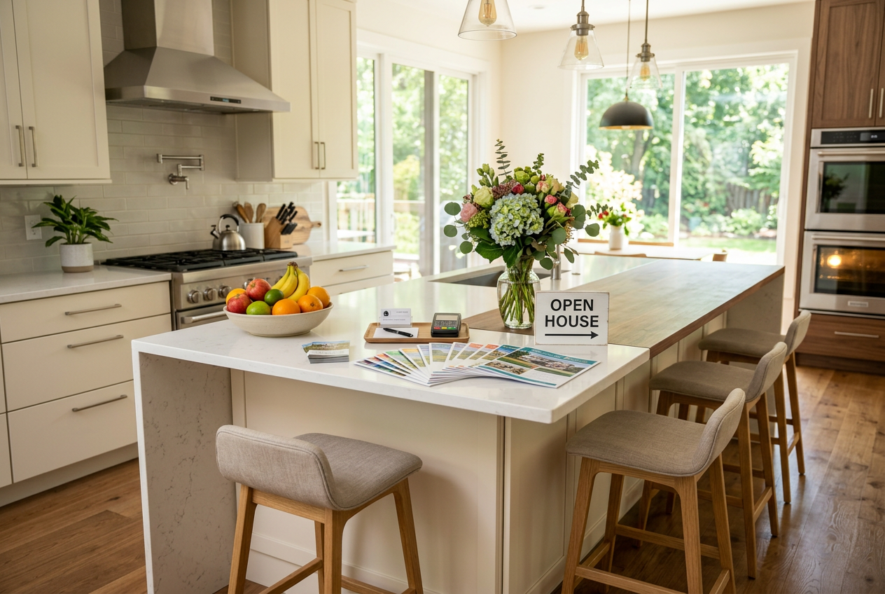 Staged kitchen island as open house decision space — open house ideas that actually bring in buyers in 2026