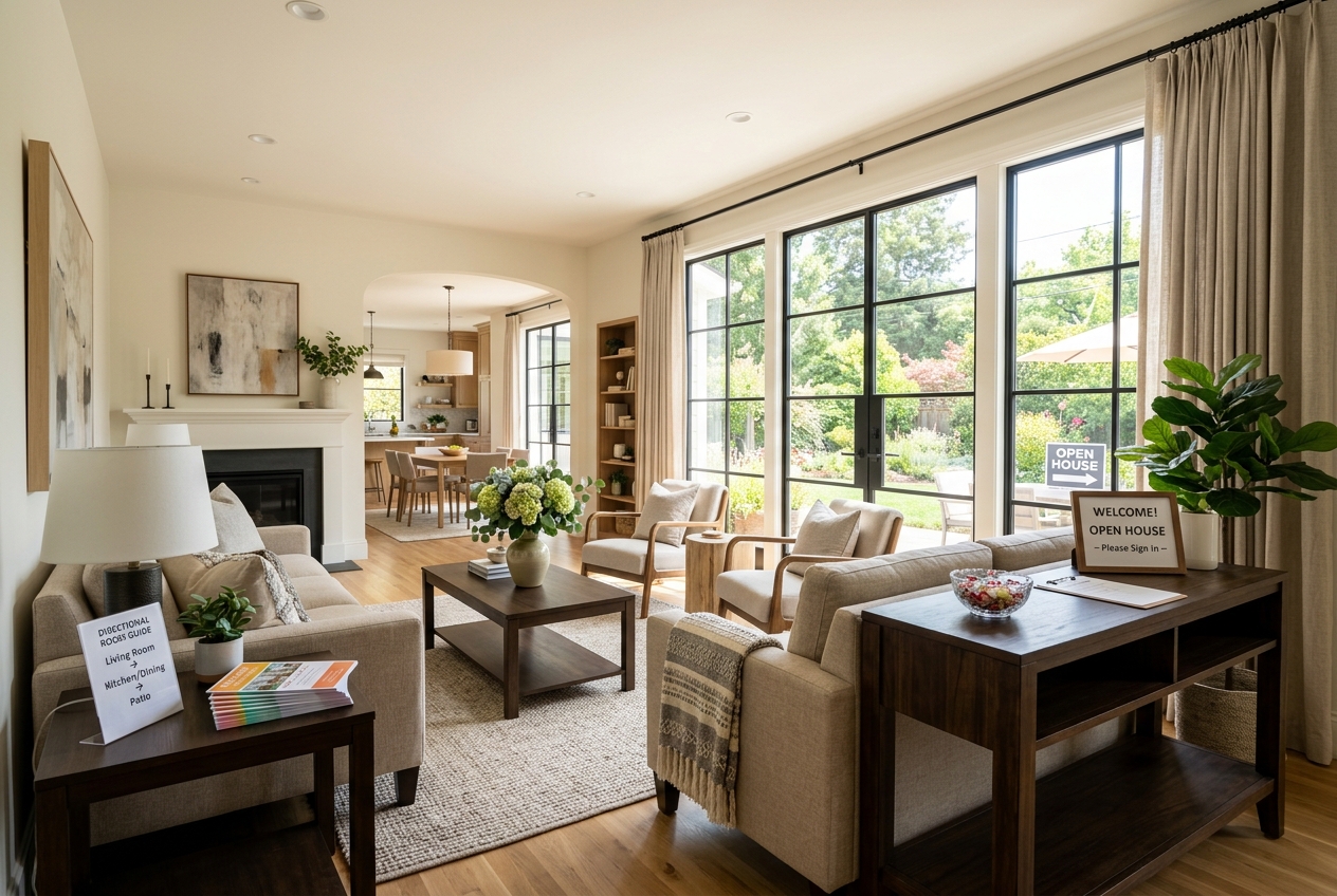 Staged living room with open house ideas that actually bring in buyers, featuring bright lighting and a printed listing guide