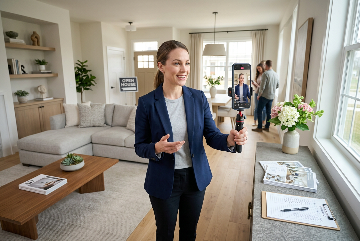 Agent live-streaming a hybrid open house — open house ideas that actually bring in buyers using modern 2026 tactics.