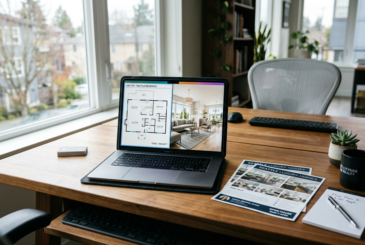 Laptop showing floor plan and 3D render side by side — Planner 5D vs AI HomeDesign: Which Is Better for Listings?