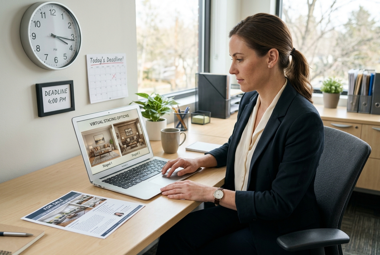 Real estate agent comparing Planner 5D vs AI HomeDesign virtual staging results on a laptop for MLS listings