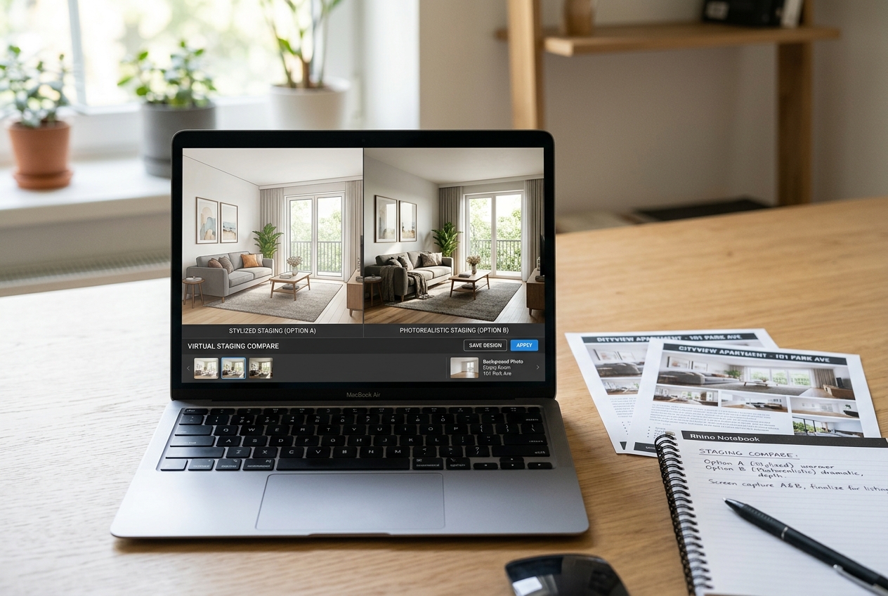 Laptop showing Planner 5D vs AI HomeDesign side-by-side staging renders for real estate listings