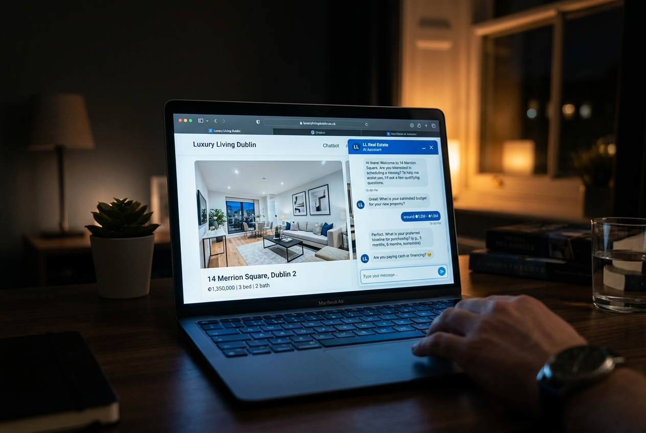 Laptop showing AI chatbots for real estate capturing and qualifying leads 24/7 via automated chat on a listing page
