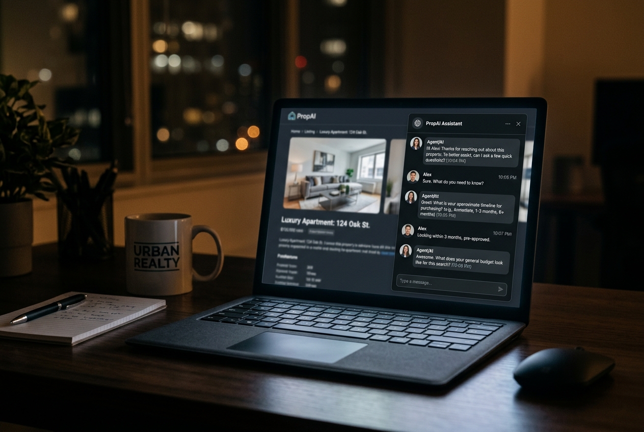 AI Chatbots for Real Estate laptop screen showing a live lead qualification chat conversation at night in an empty agent office