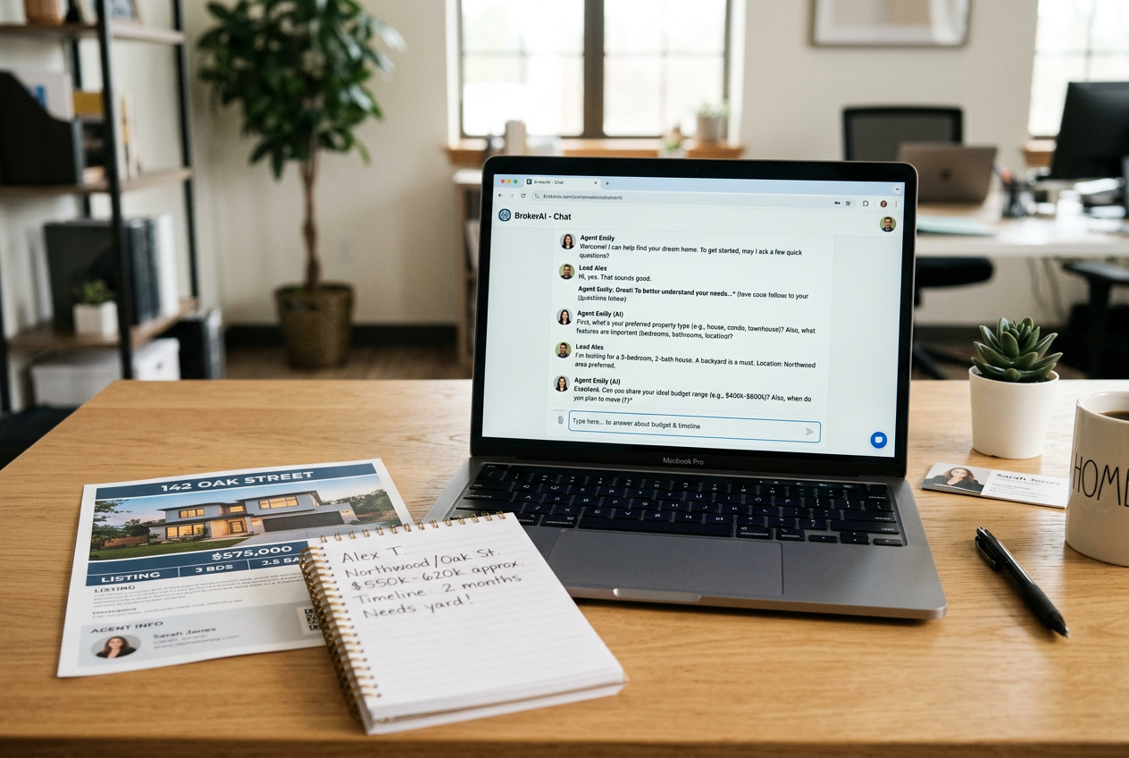 Laptop showing AI chatbots for real estate capturing and qualifying leads 24/7 with a chat transcript on screen