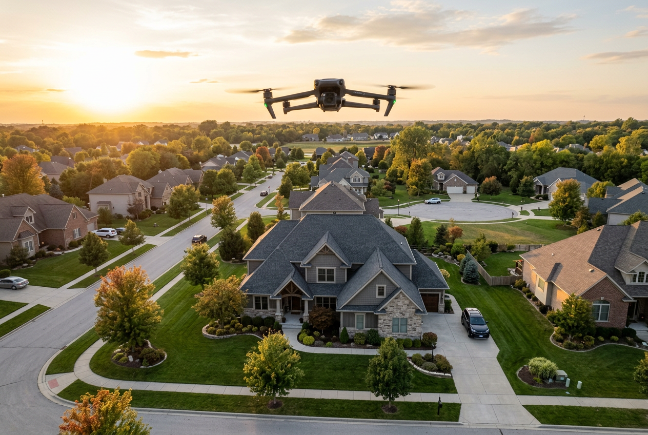 Drone hovering over suburban home for real estate drone photography, revealing property layout and neighborhood context for agent listings.