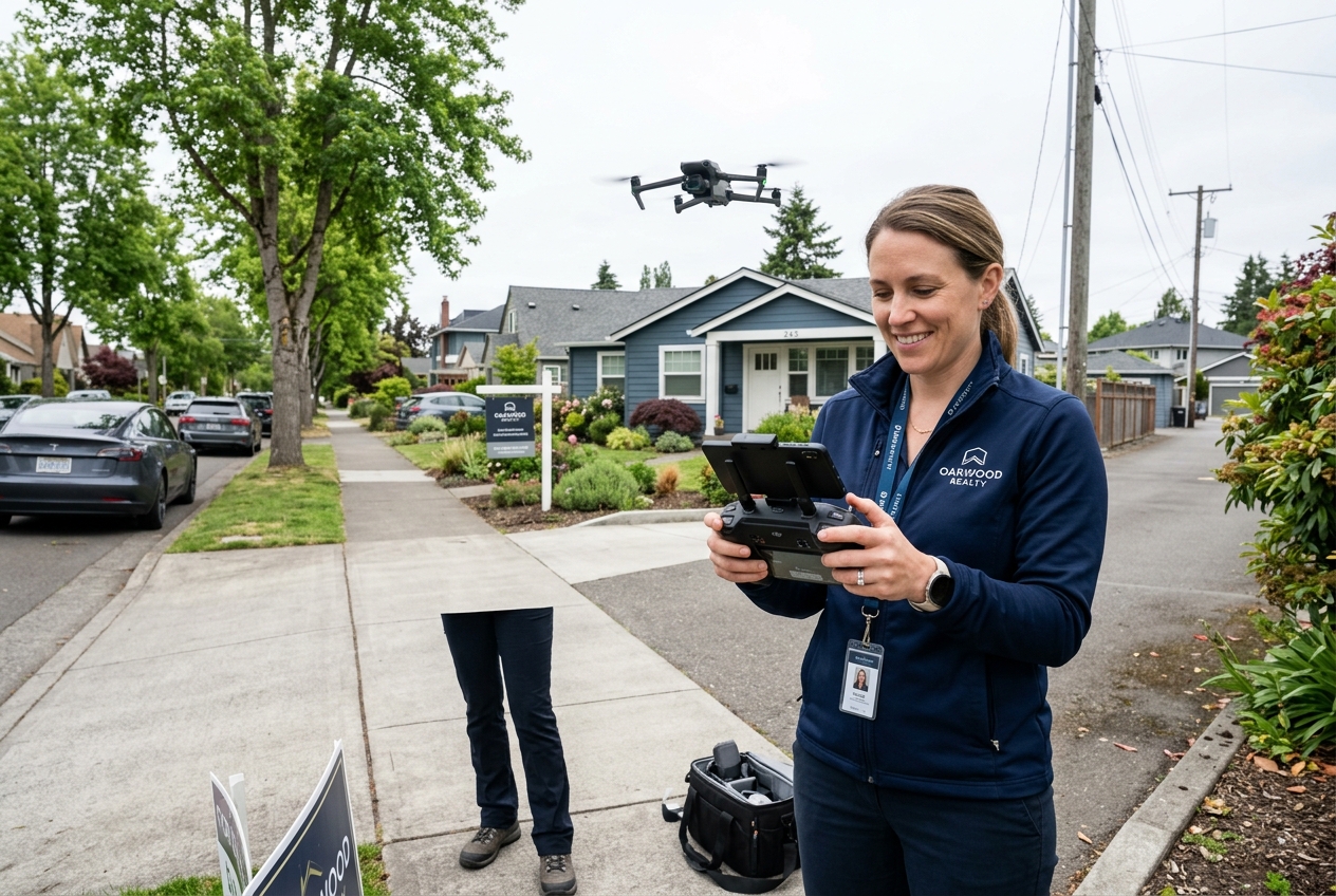 Real estate agent flying a drone over a suburban home — Real Estate Drone Photography: A Complete Guide for Agents